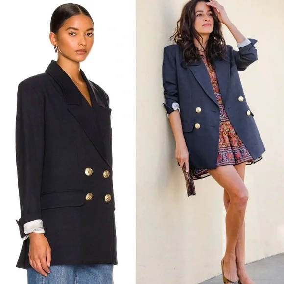 SMYTHE Oversized Linen Blend Double Breasted Blazer in Navy - Picture 4 of 11